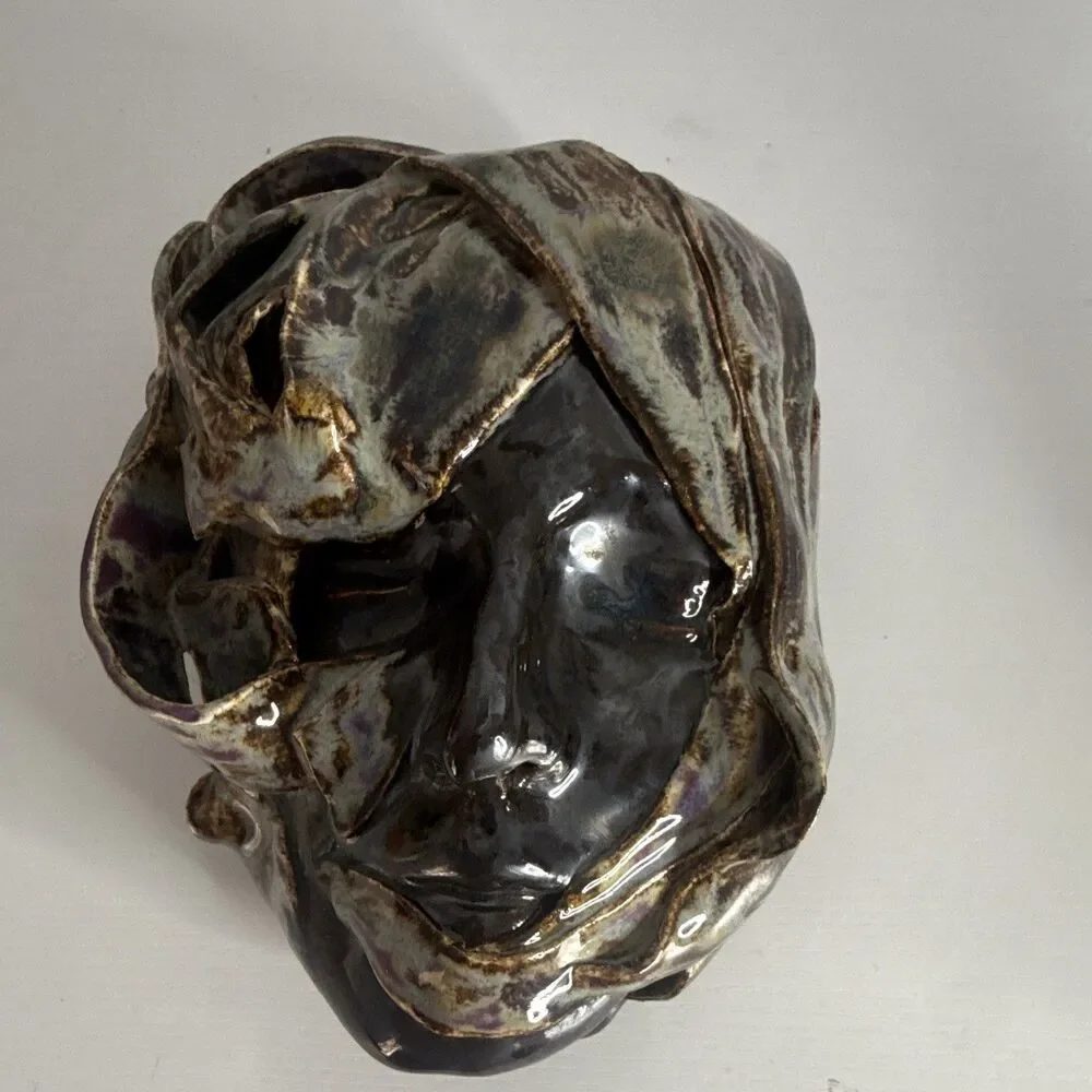 Glazed Ceramic Face Decorative Mask Wall Art - Black Brown Gold Purple